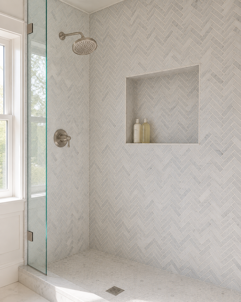 CARRARA WHITE 1x3 HERRINGBONE POLISHED